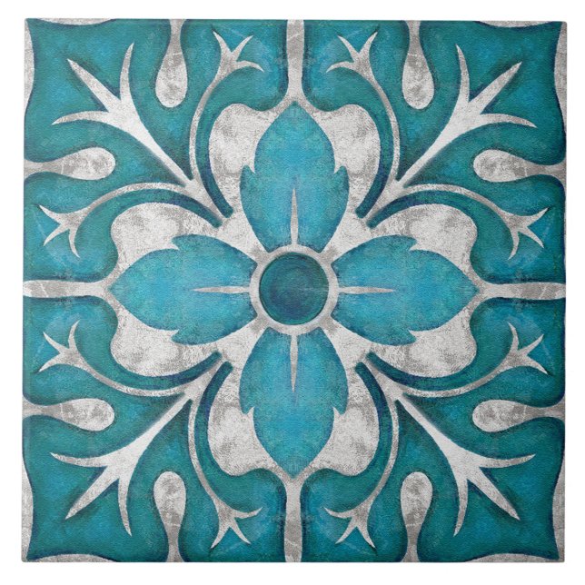 Talavera 01 Azul Teal Cinza Floral Mediterrâneo (Frente)