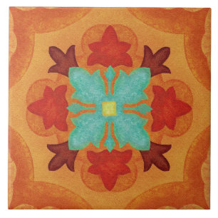 Talavera 02 Laranja Vermelho Azul Floral Mediterrâ