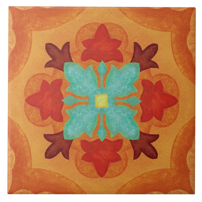 Talavera 02 Laranja Vermelho Azul Floral Mediterrâ (Frente)