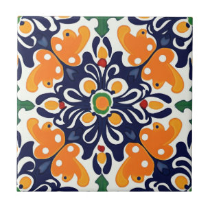 Talavera Azul Laranja Mexicano Espanhol Sem Costur