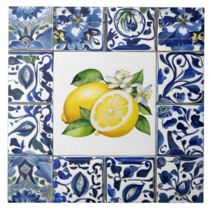 Talavera Limões Azul Escuro e Branco Mediterrâneo