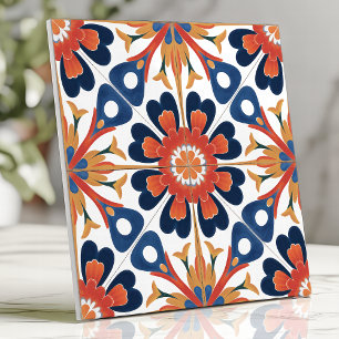 Talavera Mexicana Medalhão Floral Laranja Cobalto