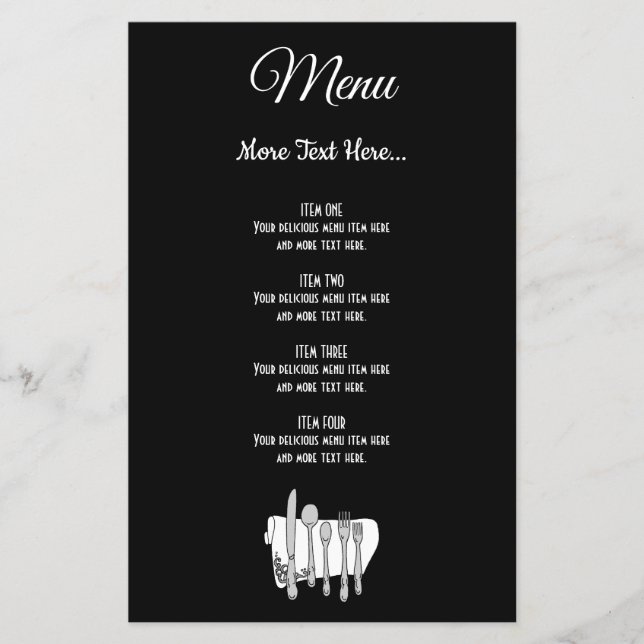 Talheres Preto Branco Editável Menu 5.5"x8.5" (Frente)