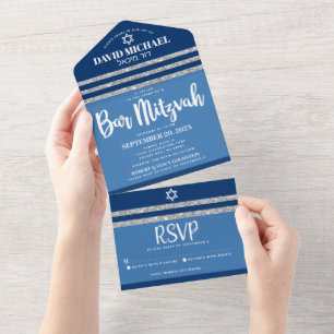 Talit Azul Prata Bar Mitzvah Moderno Script Ousado