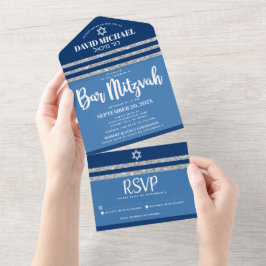 Talit Azul Prata Bar Mitzvah Moderno Script Ousado