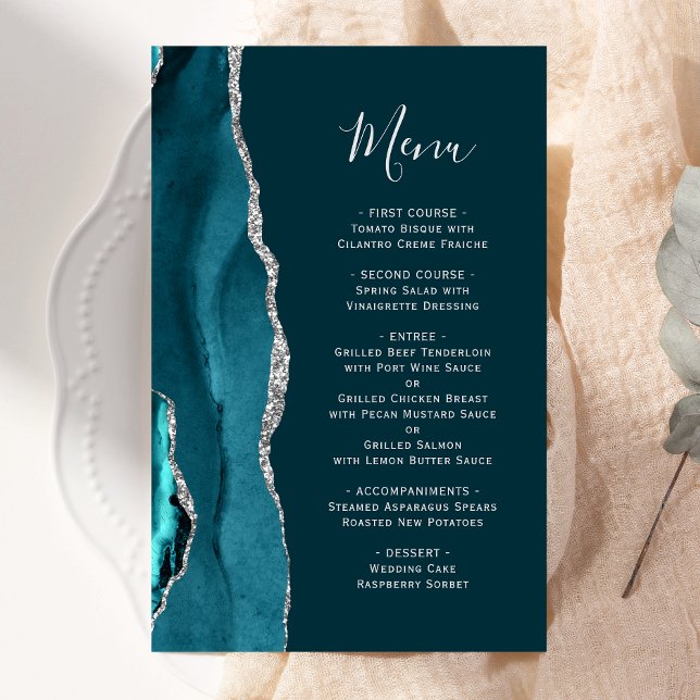 Tall Budget Teal Blue Silver Agate Menu Casamento (Criador carregado)