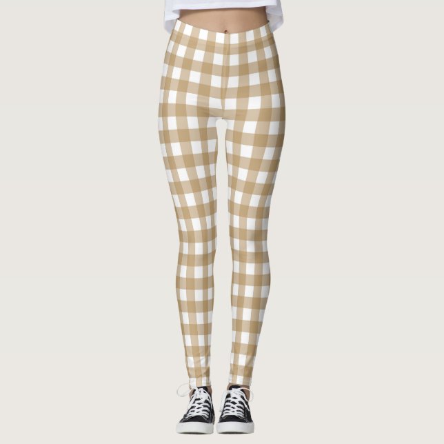 Tan Beige Women's Fashion Gingham Leggings (Frente)