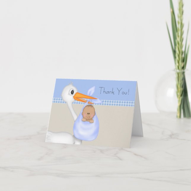 Tan Blue Stork Baby Boy Obrigado Cartões (Frente)