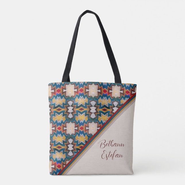 Tan, Blue, White & Red Tribal Inspired Shapes Tote (Verso)