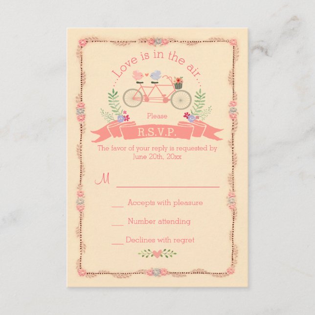 Tandem Bicycle, Birds and Banner Wedding RSVP (Frente)