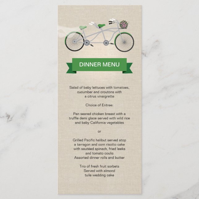 Tandem Bicycle Green Weding Menu Faux Linen (Frente)