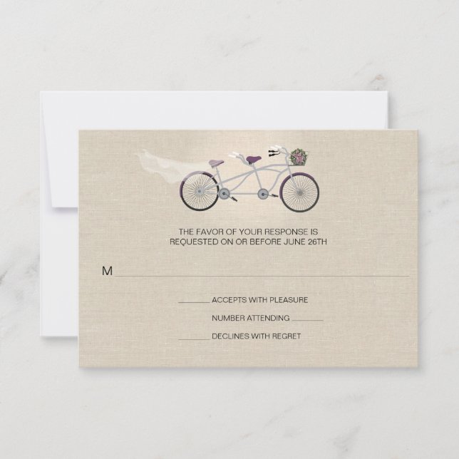 Tandem Plum Bicycle Weding Faux Linen RSVP (Frente)
