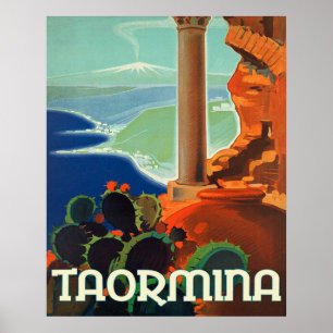 Taormina, paisagem, Itália, pôster de viagem vinta