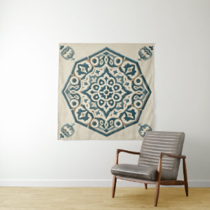 Tapeçaria com Padrão Geométrico Azul e Creme