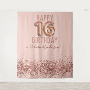 Tapeçaria de Aniversário de 16 anos Feliz Rosa Dou