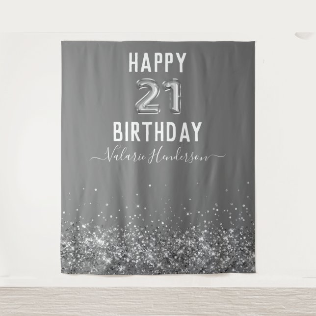 Tapeçaria de aniversário de 21 anos cinza e prata (Frente)