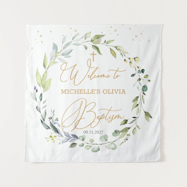 Tapeçaria de Batismo de Bebê com Cruz Herbal de Eu (Frente)