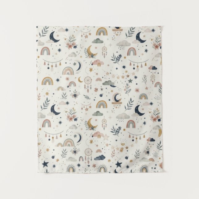 Tapeçaria de Berçário Celestial Boho| Lua Estrela  (Frente)