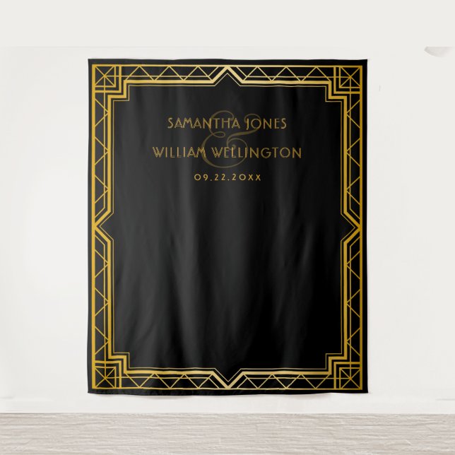 Tapeçaria de casamento preta Art Deco elegante vin (Frente)