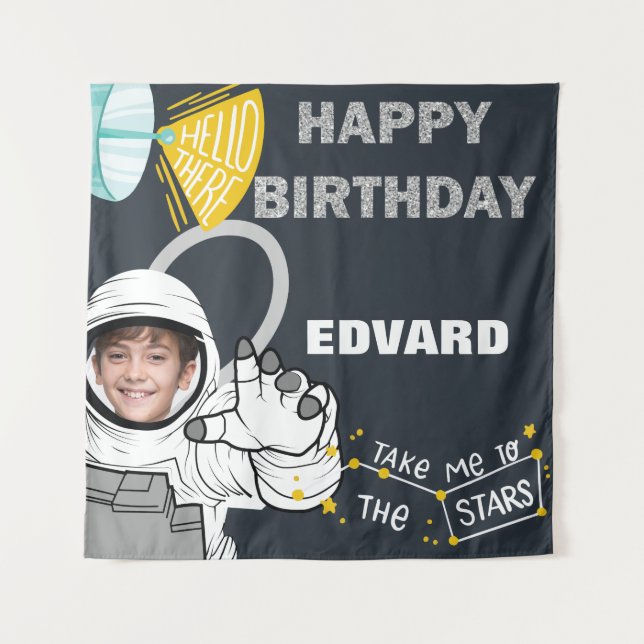 Tapeçaria de Foto de Astronauta Feliz Aniversário (Frente)