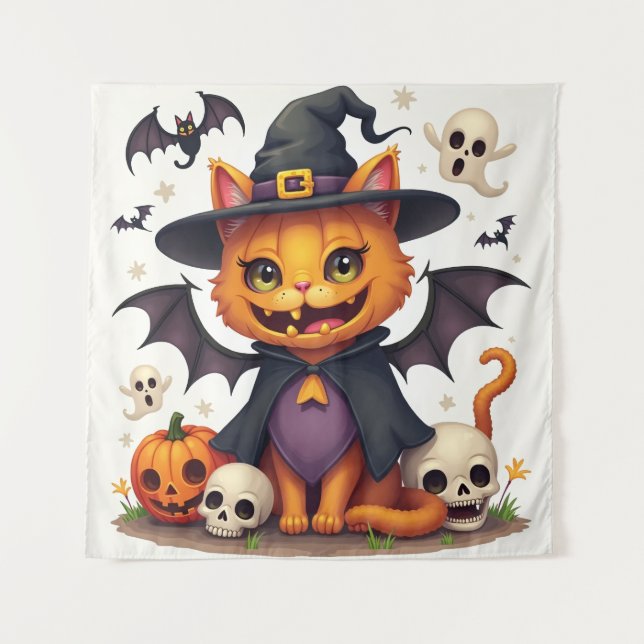 Tapeçaria de Gato de Bruxas Halloween (Frente)