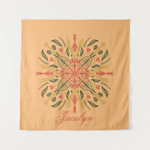 Tapeçaria de Nome Laranja Boho Mandala Botânica