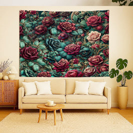 Tapeçaria de Ouro Teal com Rosa Trepadeira Art Nou