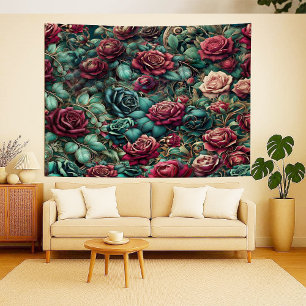 Tapeçaria de Ouro Teal com Rosa Trepadeira Art Nou