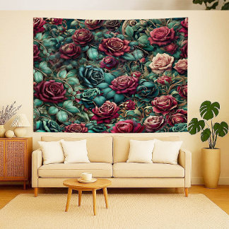Tapeçaria de Ouro Teal com Rosa Trepadeira Art Nou