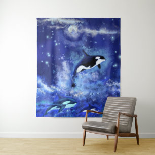 Tapeçaria de Pintura da Lua Cheia Azul com Baleias