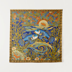 Tapeçaria Estilo Retrô Peixe Mandarin Azul