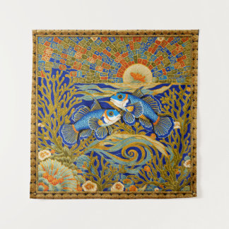 Tapeçaria Estilo Retrô Peixe Mandarin Azul