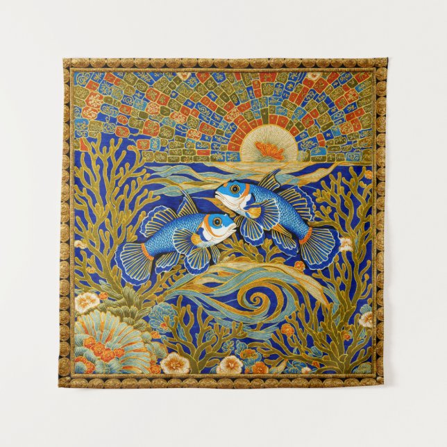 Tapeçaria Estilo Retrô Peixe Mandarin Azul (Frente)