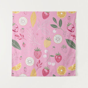 Tapeçaria Floral e Morango Rosa (144 cm x 144 cm)
