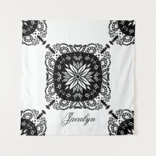 Tapeçaria Nome Floral Preto Branco Mandala