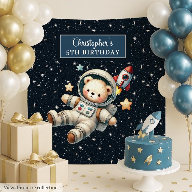 Tapeçaria Personalizada da Festa do Urso Espacial  (Custom Space Bear Party Tapestry for Birthday)