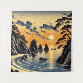 Tapeçaria Sunset Ocean Japonês Beach Art