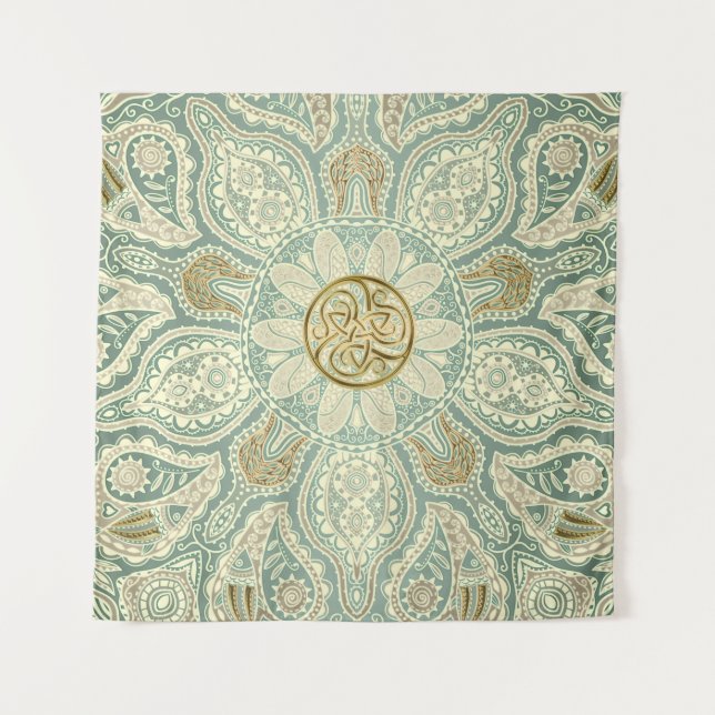 Tapeçaria verde e Dourado da mandala de Triskele (Frente)