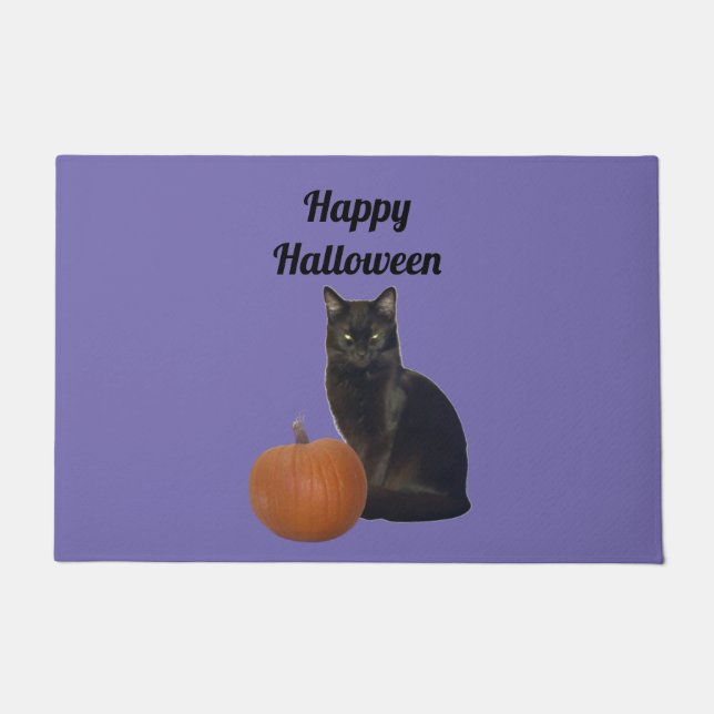 Tapete Abóbora e Gato Negro Feliz Halloween Roxo (Frente)