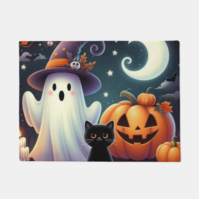 Tapete Abóbora, gata e fantasma do Halloween (Frente)