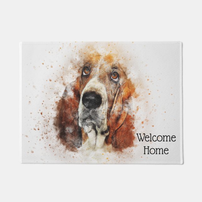 Tapete Aguarela na moda Basset Hound personalizado (Frente)