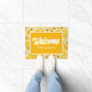Tapete Amarelo e Branco Floral Personalizado Bem-vindo à