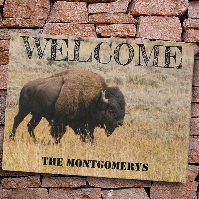 Tapete American Bison Grazes Em Foto De Grama De Prado Pe (door mat on brick)
