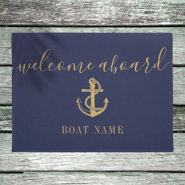 Tapete Âncora Náutica Nome do Barco Azul Dourado Bem-vind