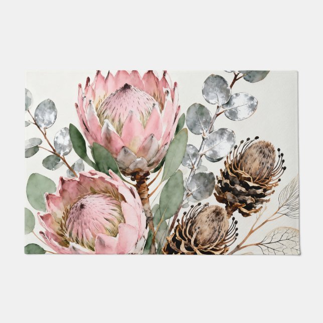 Tapete Arranjo de Protea Eucalipto em Aquarela (Frente)