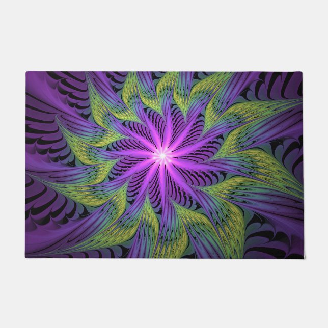 Tapete Arte abstrata fractal moderna flor roxa verde (Frente)
