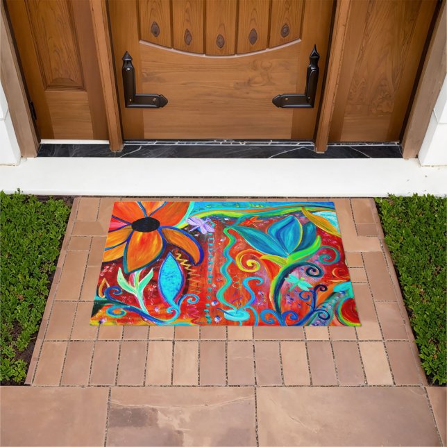Tapete Arte floral abstrata laranja e azul intuitiva (Ar livre)