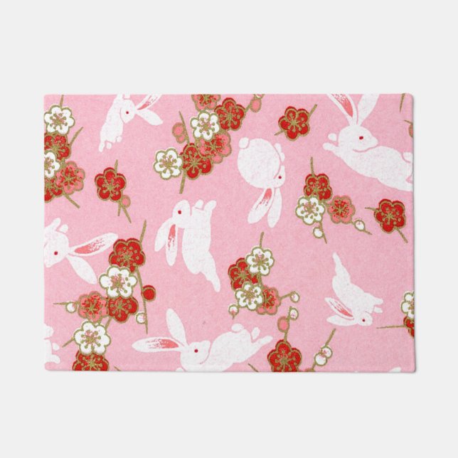 Tapete Arte Japonesa: Porta de Sakura e Rabbits rosa (Frente)