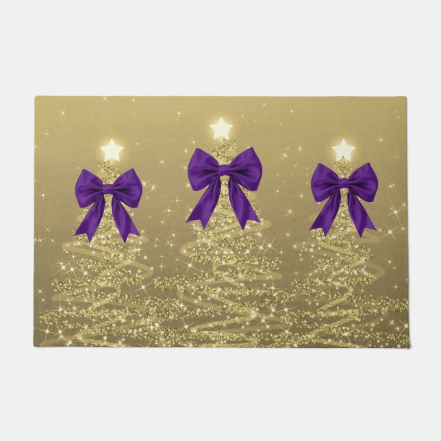 Tapete Árvores Brilhantes de Natal Douradas com Laço Roxo (Frente)
