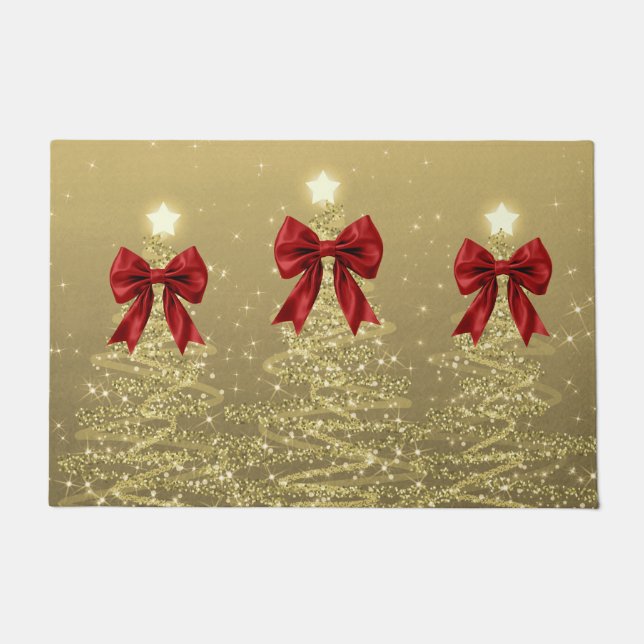 Tapete Árvores Brilhantes de Natal Douradas com Laço Verm (Frente)